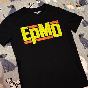 EPMD Black Tee with Vibrant Yellow and Orange Design